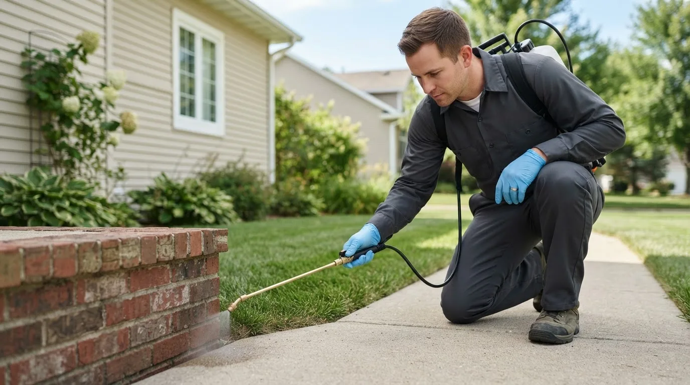 Pest control technician treating a home near Drake, CO
